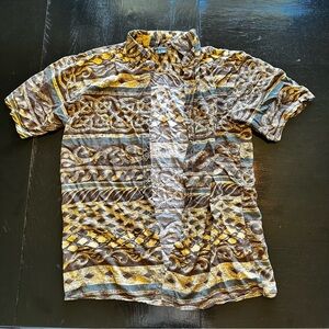 Expressions Vintage Medium Brown Retro Print Short Sleeve Button Down Tropical